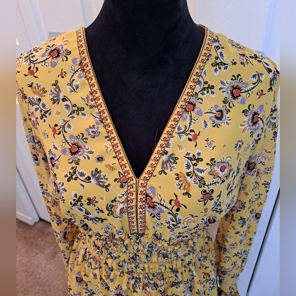 Max Studio Mustard Floral Long Sleeve Mini Dress   Size M - Picture 2 of 10
